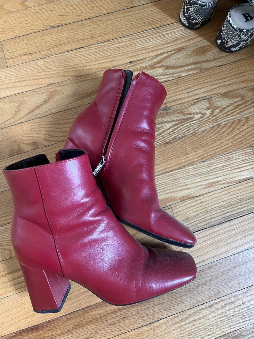 Calvin Klein Red Leather Ankle Boots with Block Heel
